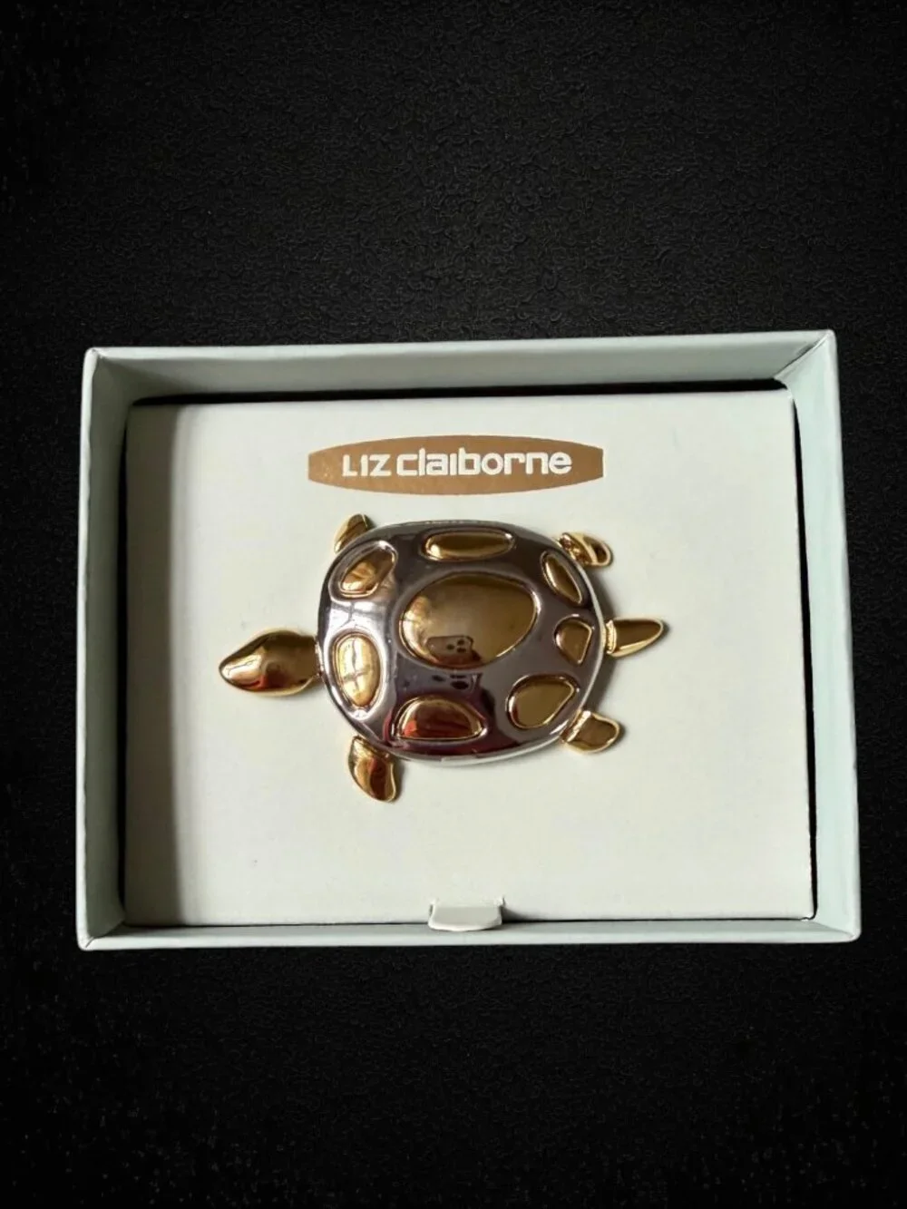 Vintage Y2K Liz Claiborne Sea Turtle Brooch Gold Silver Coastal Pin Boxed